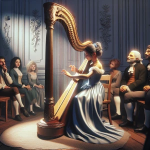 Create an image of a girl playing a harp in the Adam style, surr...