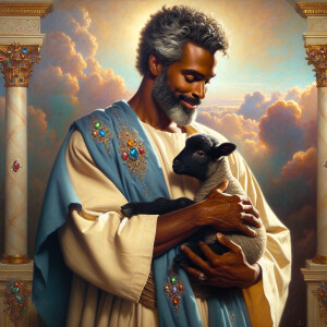 Oil painting of an African-American man resembling Jesus Christ,...