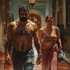 Hyperrealism style,A sweaty  man walking with his mother in law...