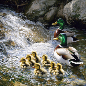 Create an image of a river with rushing, transparent water, reve...