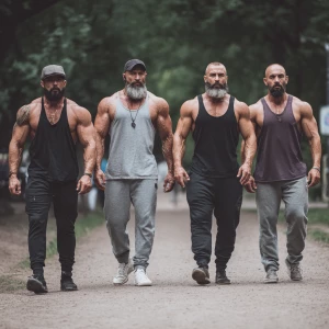 Four bodybuilder muscle, bearded, men walking in the park with j...