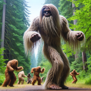 A muscular humanoid looking hair covered sasquatches dancing in...