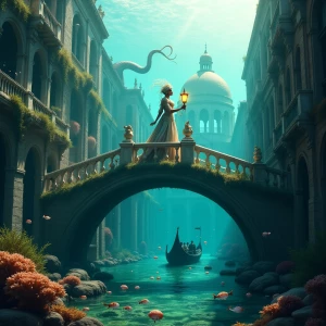 Imagine an underwater scene of Venice, bathed in turquoise light...