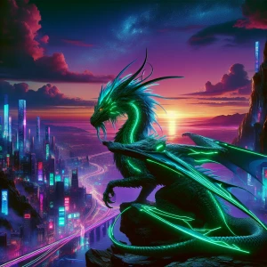 majestic emerald-green dragon perched on a rocky cliff at sunset...