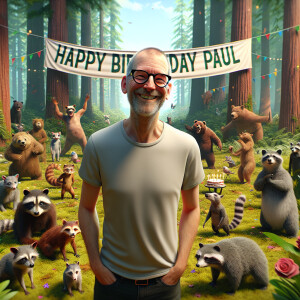 Generate a photorealistic image of a birthday party in a dense f...