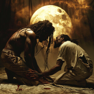 African-American demon man handsome on his knees and Black Jesu...