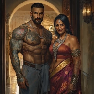 Create a realistic art style of a muscular, sweaty man with tatt...