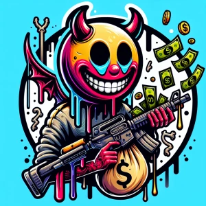 Design a cartoon-style circular logo featuring a cheeky demon we...