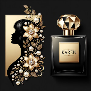 Design a fancy, black and gold bottle of perfume in the shape of a woman’s body. With a golden diamond top, flowers pearls and Diamonds in the name, Karen