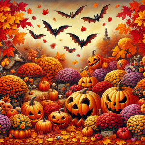 Halloween leaves, flowers, bats, and pumpkins