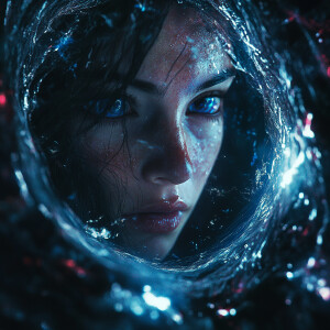 Create an ultra-realistic digital art of a cosmic witch at eye l...