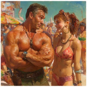 A hyperrealistic depiction of a muscular, beefy, sweaty, dangero...