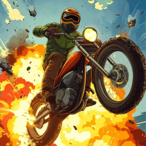 PEPE meme.hitting jumps on a motorcycle while things explode aro...