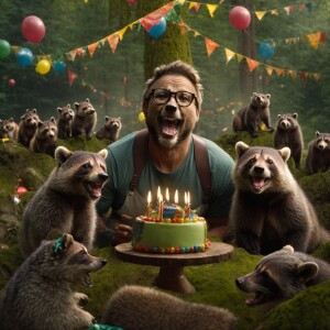 Generate a photorealistic image of a birthday party in a dense f...