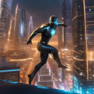 A heroic figure in a detailed, high-tech suit, striking a dynamic pose as they leap from a futuristic skyscraper. The cityscape below is filled with glowing lights and faint trails of passing vehicles.