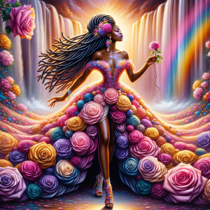 Remix Prompt
S/O Jackie Torres
S/O Panda Locke

create a animated style hyper realistic airbrush whimsical oil painting of a light African American woman wearing a flawless beautiful purple, pink, and gold blossom dress long flowing with colorful flowers and ruffles on the dress colorful jewelry made of flowers she has long black dreadlocks in a bun a colorful rose in her hair her peep toe shoes is matching her dress behind her is a beautiful waterfall liquid glowing lights beautiful colorful rainbow surrounded by beautiful roses.