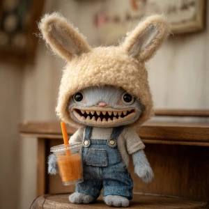 A cute vinyl plush doll wearing a fluffy beige rabbit hat with l...