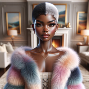 a full body veiw of a colorful gloss hyper realistic oil painting of a regal beautiful light skinned afro  American girlwith beautiful pixie cut one side of hair is black and the other side  of her hair white slick baby hair and furry white and pink and blue furry coat and outfit under the coat standing in living room with fireplace