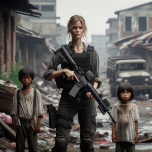 A woman standing in a war torn town. Holding an AR15 with 2 sidearms. Standing in front on her children.