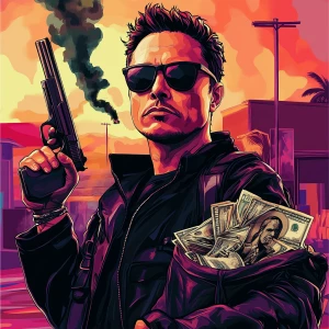 Elon Musk in GTA art style - wearing a torn tactical suit, holdi...