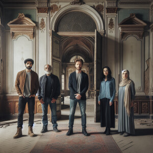 2 guys and 2 girls are standing in an abandoned mansion. There's...