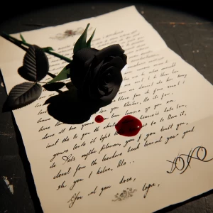 A single black rose with a tiny drop of blood on one of its peta...