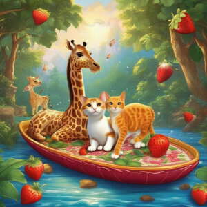 a sea seal and a giraffe float on a magic carpet in the forest e...