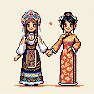 One woman from russia holding hands with one woman from china, b...