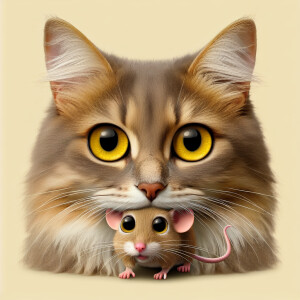 Create a realistic looking cat who has a cartoon  mouse in its m...