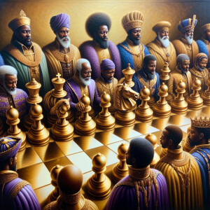 3-D realistic oil, painting, Oh a gold, and purple human chessbo...