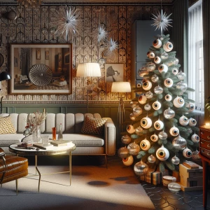 Design a 1950s-era vintage Christmas scene set in a stylish apar...
