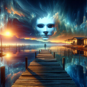 surreal scene where a   Jason Voorhees silhouette with a vibrant...