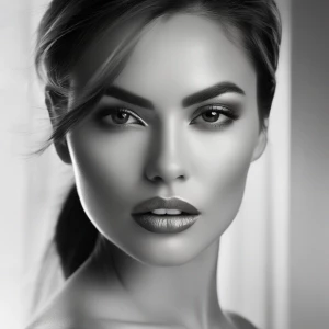 A striking close-up of a woman’s face, her lips brightly lit against shadowed cheekbones. Her hair is styled in sleek waves that catch faint highlights, while the dark background makes her features pop with intensity