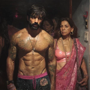 Hyperrealistic oil painting.a gujarati muscular beefy bearded ta...