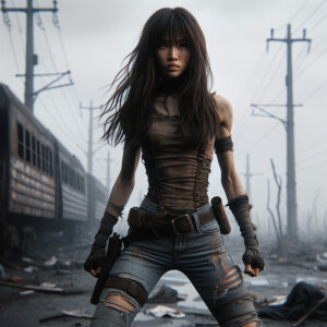 Skinny and thin Asian teen girl wearing skin tight jeans that are worn and frayed, long hair and bangs heroic ready to fight stance