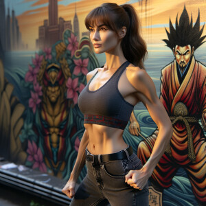 Athletic Thin skinny Attractive, Asian teenage girl, long brown hair and bangs, wearing tight skinny jeans and a halter top paint marks on her clothing, heroic pose Asian graffiti background, side view