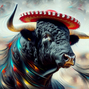 Close portrait of a menacing black bull with fancifully very unn...