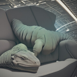 "A full-size komodo dragon perched on a couch that's orbiting a...