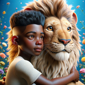 3D realistic style, an African-American little boy with fade top...