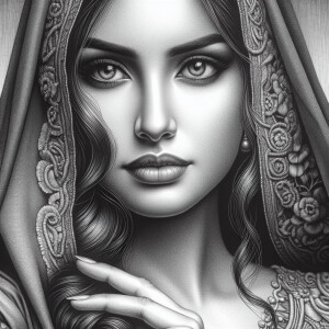 Create a detailed description of a beautiful woman in a full-len...