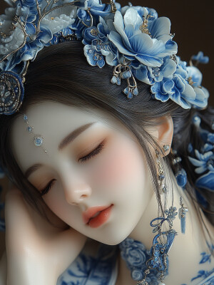 blue and white porcelain oriental beautiful woman full body port...