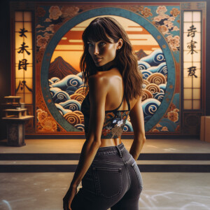 Athletic Thin skinny Attractive, Asian teenage girl, long brown hair and bangs, wearing tight skinny jeans and a halter top paint marks on her clothing, heroic pose Asian graffiti background, backside view