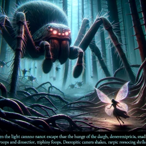 A terrifying, oversized spider with glowing red eyes and jagged,...