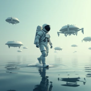 An astronaut walking on water with futuristic technological plat...