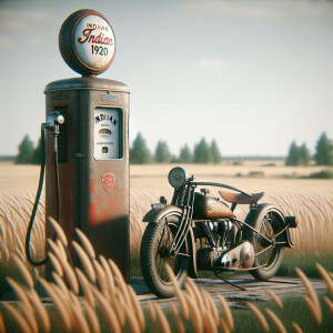 1920 gas pump sitting in a field, 1920 Indian motorcycle leaning...