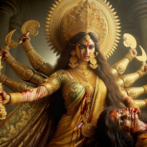 photograph of angry looking goddess durga victory posing on a de...