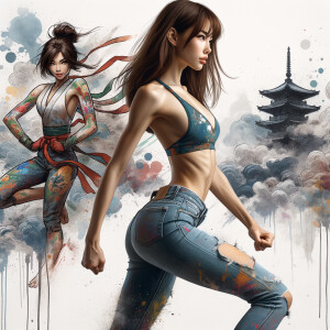 Athletic Thin skinny Attractive, Asian teenage girl, long brown hair and bangs, wearing tight skinny jeans and a halter top paint marks on her clothing, heroic pose Asian graffiti background, side view