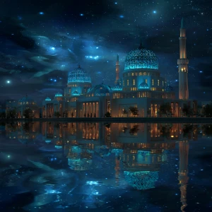 Generate an image of a grand mosque with glowing blue domes unde...