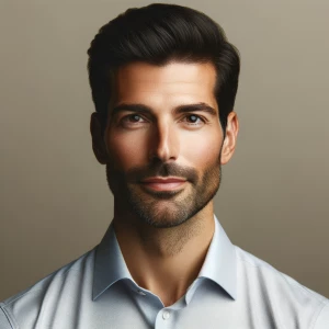 Create a LinkedIn profile picture of an Italian man with short b...