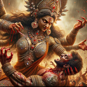 portrait of intense looking, muscular beautiful goddess durga carrying a short weak evil man and stabbing him with her red fingernails. She is wearing diamond saree, diamond armor, a huge diamond crown, abundant diamond jewelry. The scene is set in a dry landscape.  blood everywhere. The image is 8K resolution, cinematic, ultra detailed face and epic.